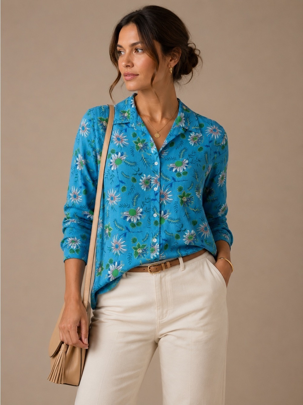 Land's End 100% SUPIMA Cotton No Iron Aqua Floral Button up Shirt ladies size 10